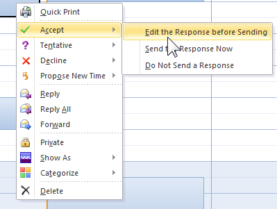 a screenshot of an outlook user accepting a meeting with a custom message