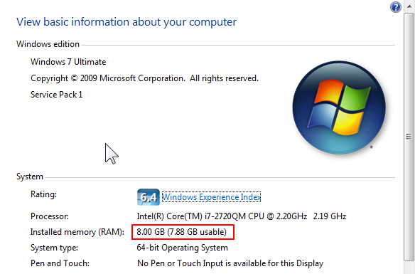 Windows System Info page showing 8gb of memory available