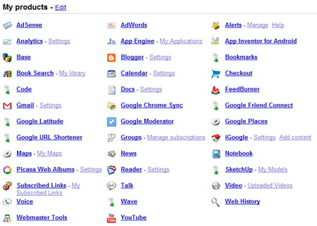 a long list of google services