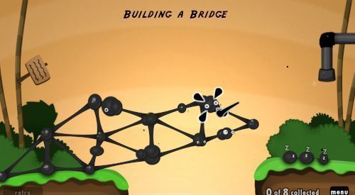 a screenshot from World Of Goo showing some goo balls forming a bridge over a pit