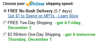 amazon website showing options for different shipping speeds, including "free no-rush delivery" for a $1 credit to spend on mp3s