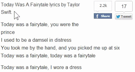 a screenshot of Taylor Swift lyrics for "Fairy Tale" showing a mouse cursor failing to highlight lyrics because something is wrong with the website