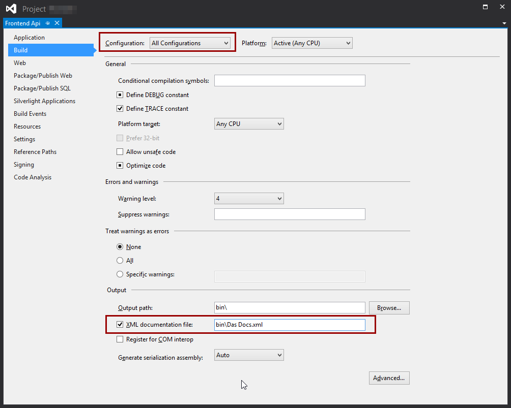 project config dialog with "configuration: release" highlighted, and a highlighed checked box that reads "xml documentation file"