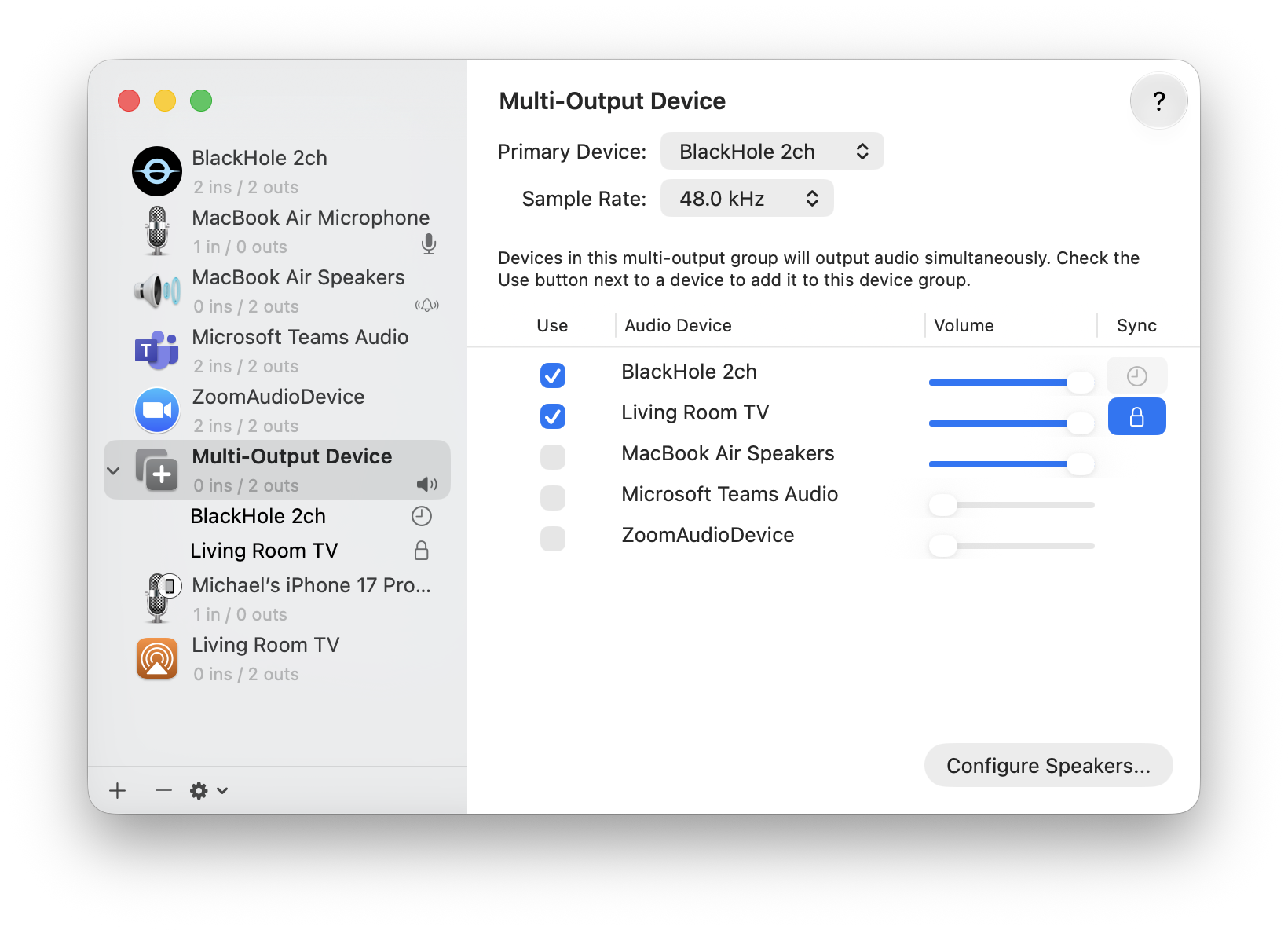 a screenshot of the Audio MIDI Setup window with "Multi-Output Device" selected in the sidebar. Its Primary Device is "BlackHole 2ch" and in the device list both "BlackHole 2ch" and "Living Room TV" are checked under the "Use" column